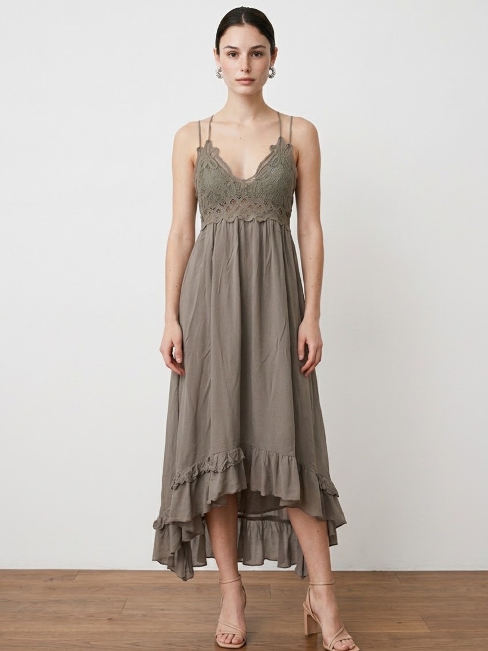 LA MIEL Olive Green Lace-Trim High-Low Slip Dress